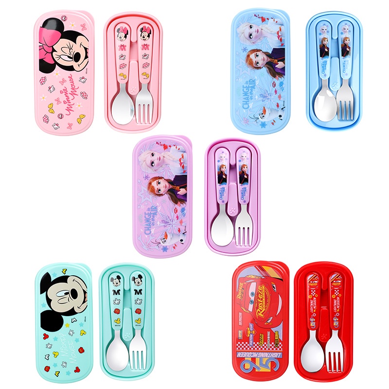 Set 2 món muỗng nĩa kèm hộp Disney hình Frozen Car Mcqueen Mickey Minnie cho trẻ em bé trai gái
