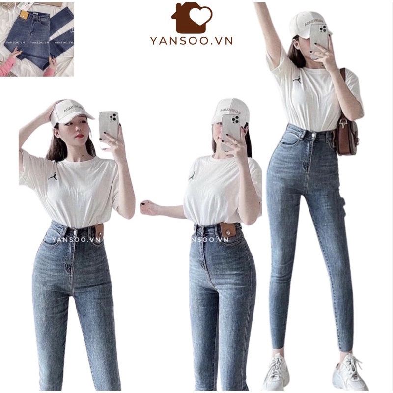 Quần jean bó skiny ôm giãn cạp cao hách dáng tag da , quần bò bó trơn lưng cao basic phong cách Hàn Quốc YANSOO