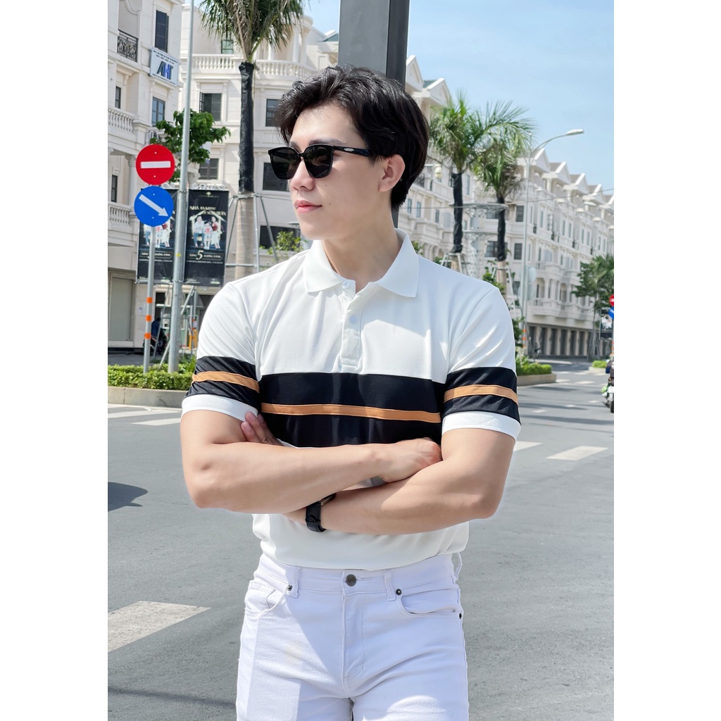 ÁO THUN POLO NAM MÀU TRẮNG PHỐI SỌC NGANG CAM ĐEN - MẶC CỰC ĐẸP TRAI