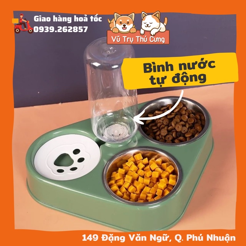 Bát ăn chó mèo 3 ngăn tự động kèm bình nước (mẫu tam giác)