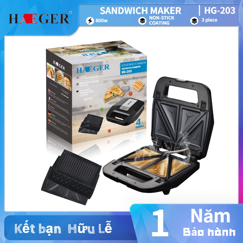 Máy nướng bánh HAEGER gia dụng ăn sáng 3 trong 1. Máy đa năng tự động, bánh Waffle, bánh bông lan.
