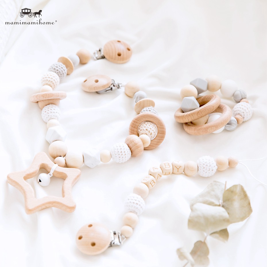 Set 3 vòng dây MAMIMAMIHOME đính hạt gỗ xinh xắn treo xe đẩy/ giường cũi em bé