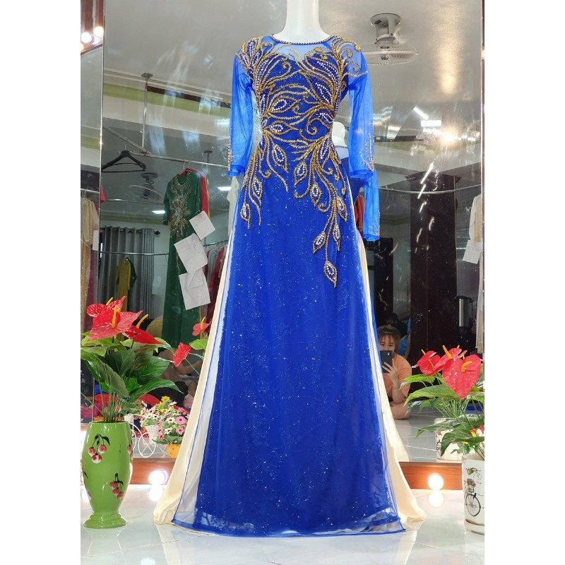 Áo Dài Mẹ - Áo Dài Cô Dâu Màu Xanh Coba  Nổi Bật ADC06