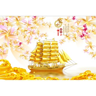 Tranh dán tường 3D Thuận buồm xuôi gió - vải lụa kim tuyến