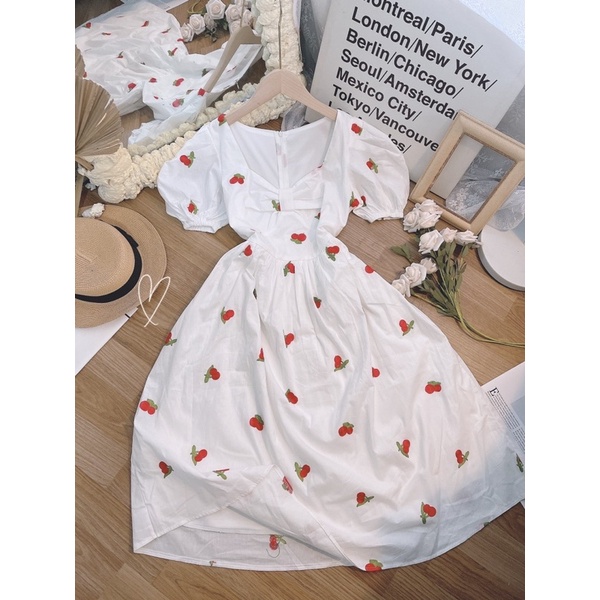 ĐẦM CHERRY ĐỎ NƠ NGỰC MIDI PHỒNG XOÈ