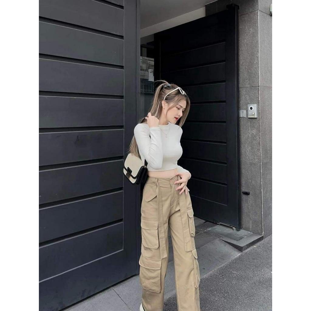Set đồ nữ cá tính 2 món quần dài ống rộng lưng cao có khuy gài kèm áo croptop thun dài tay ôm body cực xinh
