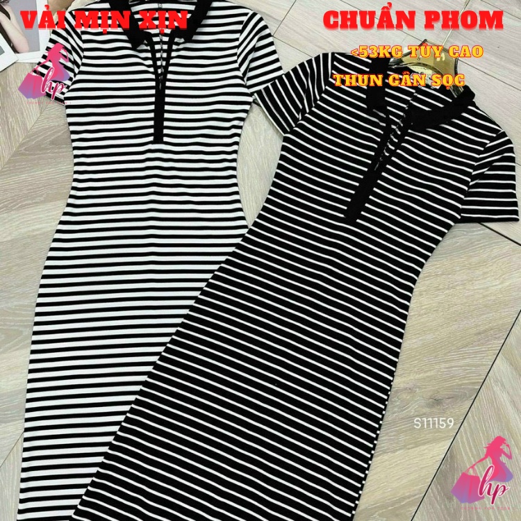 Váy đầm polo nữ cổ sơ mi ôm body tay ngắn  thun cottton sọc trắng đen kiểu hàn quốc thời trang sang chảnh alohashop91