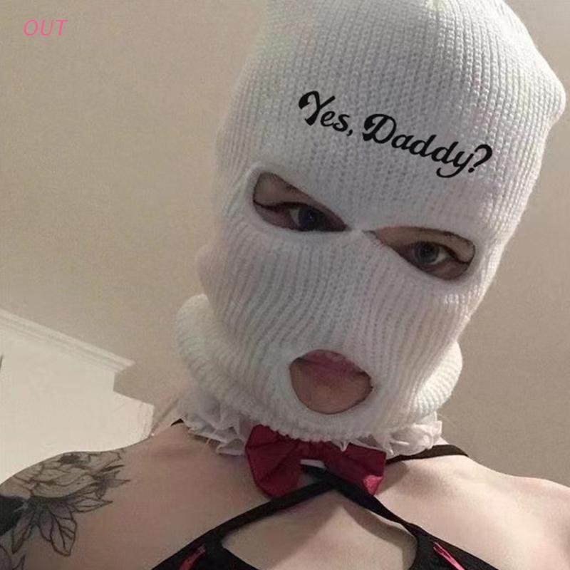 Mũ Len Beanie Mặt Nạ Thêu Chữ yes daddy 3 Lỗ