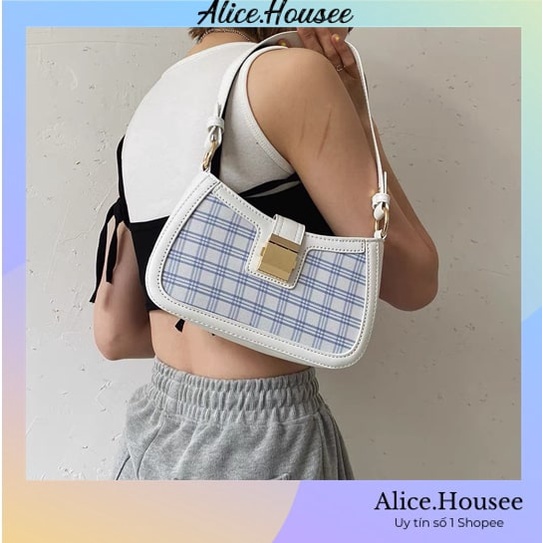 Túi kẹp nách nữ đẹp Alicehousee túi xách nữ khóa vuông hoạ tiết caro kẻ basic chất liệu da PU cao cấp