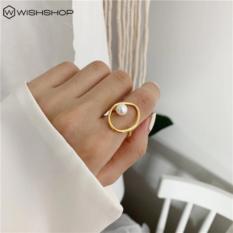 [WHOLESALE] [Women Fashion Vintage Geometric Hollow Pearl Rings] [ Elegant Ladies Smooth Fine Thin Finger Ring] [Lovely Jewelry Gifts For Girl Friends]