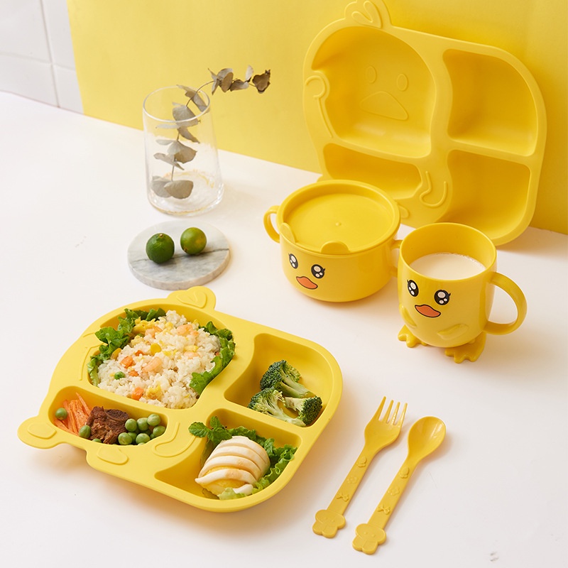 Set Khay Ăn Dặm Lúa Mạch Khay Ăn Cho Bé 6 Món Hình Cua Và Vịt Đáng Yêu An Toàn Cho Con