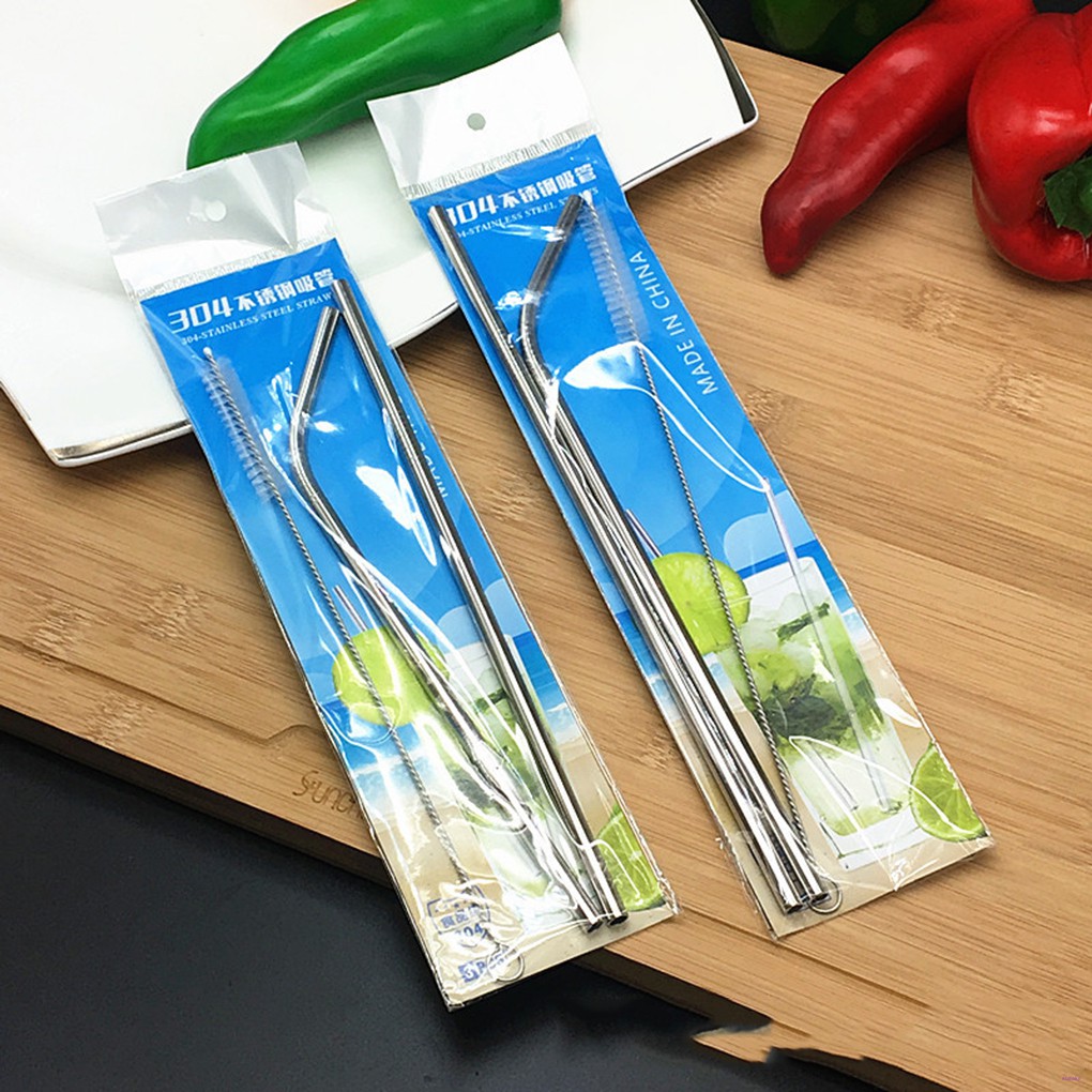 Bộ ống hút thẳng và cong chất liệu thép không gỉ dài 21.5cn