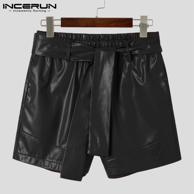 Quần short INCERUN bằng da ống rộng màu trơn eo co giãn buộc thắt lưng phong cách thường ngày cho nam