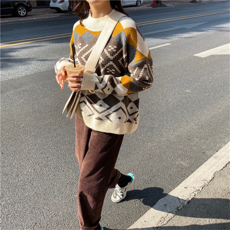 SUXI Áo sweater dáng rộng cổ cao họa tiết nhiều màu thời trang mùa thu cho nữ