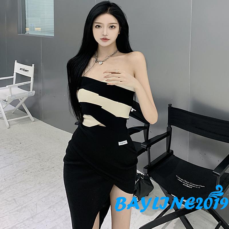 Áo croptop dệt kim màu sắc tương phản thời trang cho nữ
