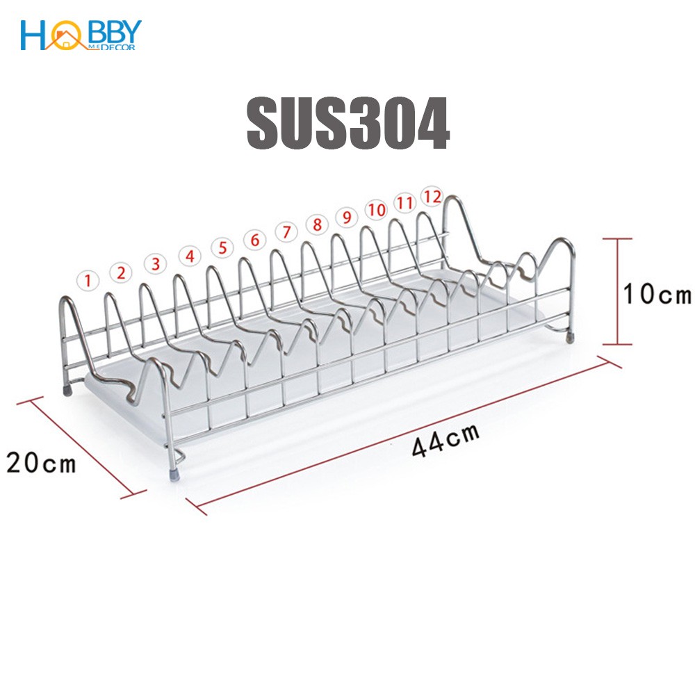 Kệ úp đĩa Inox 304 HOBBY KUD 12 ngăn không rỉ sét - kèm khay hứng nước - hàng cao cấp  - ngang 44cm