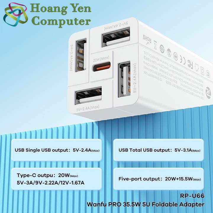Cốc Sạc 5 Cổng Remax RP-U66 35.5W  - BH 1 năm - Hoangyencomputer
