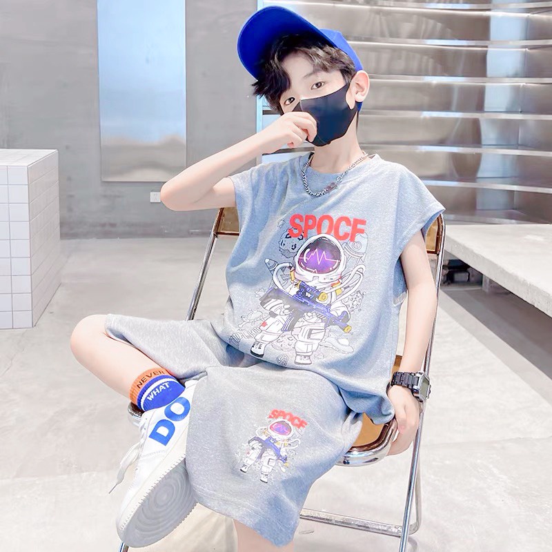 Bộ đồ bé trai Con Xinh cotton sát nách hình in Phi hành gia,thời trang mùa hè dành cho bé từ 4 đến 10 tuổi