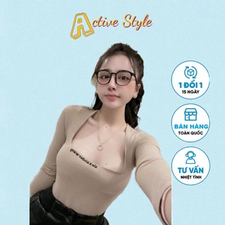 🅰️ Áo croptop tay dài cổ vuông thêu chữ, Chất:Thun borip, Size: < 50kg