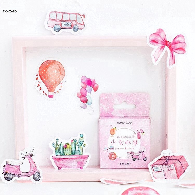 [HD29] Bộ 46 hình dán sticker Màu Hồng dễ thương trang trí sổ tay DIY