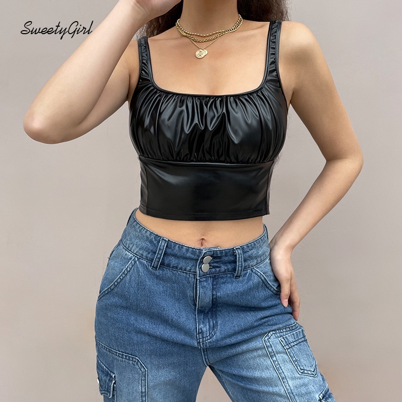 Áo tank top cổ chữ U hở lưng màu trơn chất liệu da PU gợi cảm cho nữ