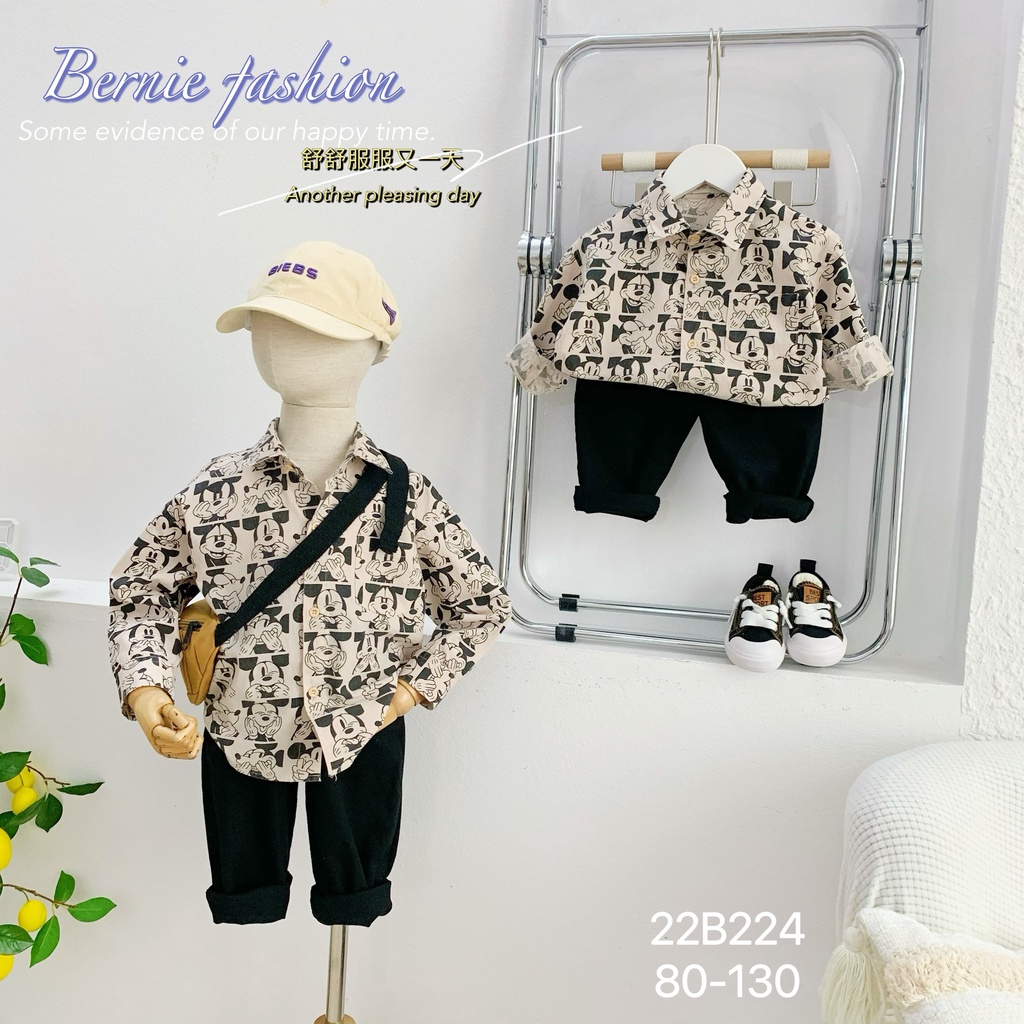 Bộ sơ mi dài tay cá tính cho bé, set sơ mi hoạ tiết xinh xắn bé trai Bernie
