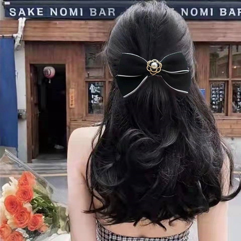 Kẹp Tóc Hình Nơ Hoa Trà Đen Trắng Phong Cách Retro Mùa Xuân Mới