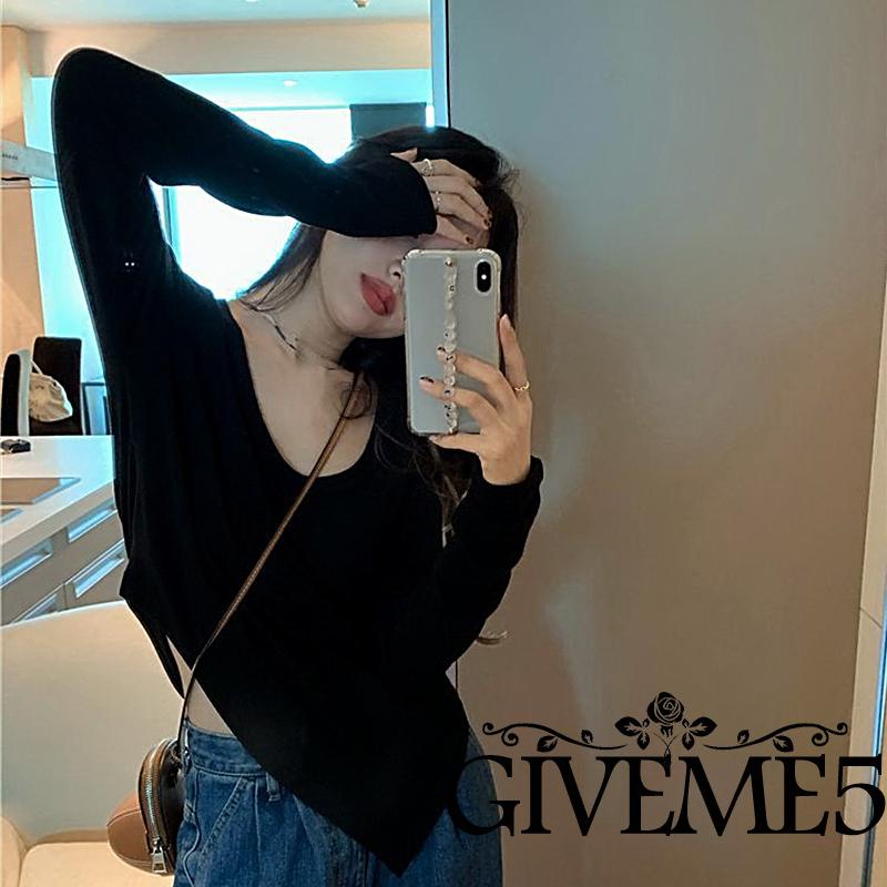 Giveme Áo Thun Nữ Tay Dài Cổ Tròn Màu Sắc Đơn Giản