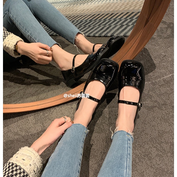 Giày búp bê Mary Jane mũi vuông phối màu phong cách retro xinh xắn thời trang xuân thu 2021 cho bạn gái