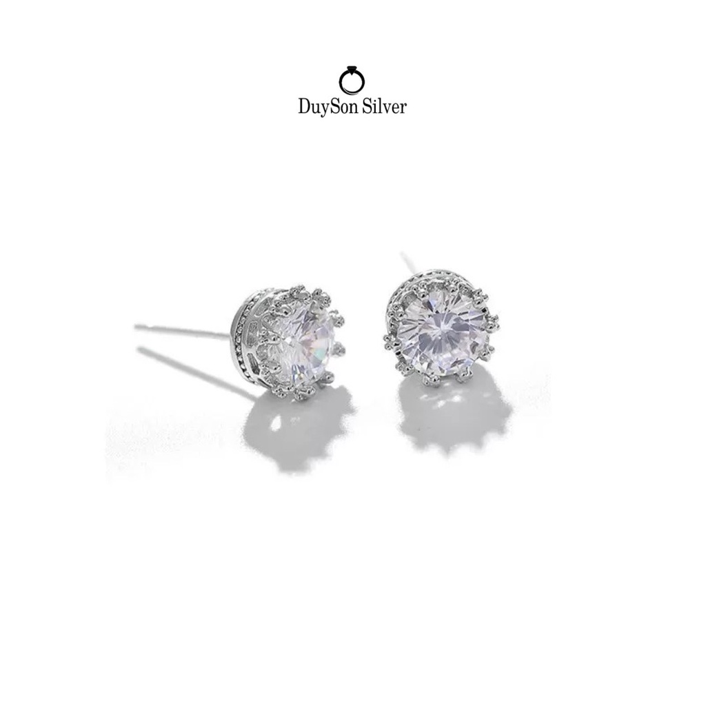 Khuyên tai bạc nam nữ nụ đá tròn ổ hình vương miện, Bông tai bạc 925 mạ vàng 14k DUYSON SILVER [KNKX2]