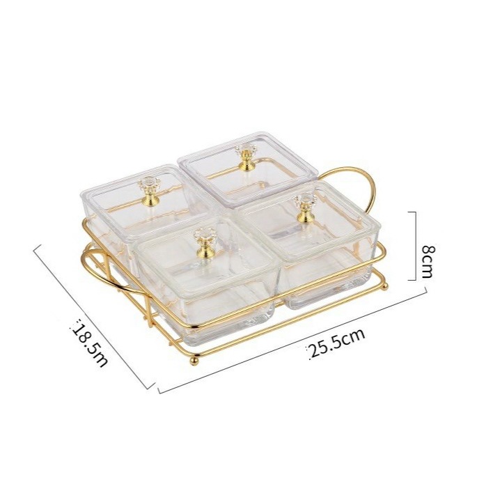 Combo Bộ Khay Mứt Tết 4 hũ thủy tinh có nắp đậy  kèm giá đựng kim loại hàng cao cấp sang trọng