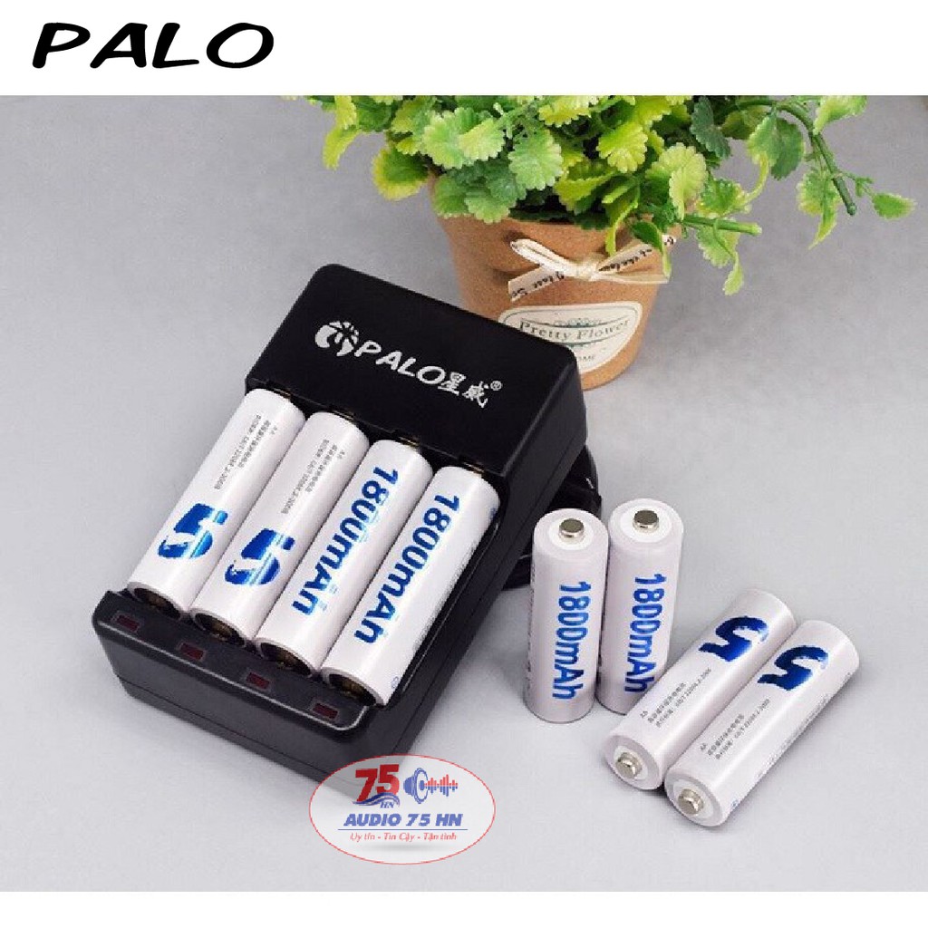 Combo gồm Sạc pin và 4 pin tiểu sạc Palo AA 1800mAh cho xe điều khiển, đồ chơi, chuột máy tính...