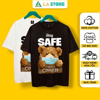 Áo Thun Unisex Cotton Gấu Teddy Khẩu Trang Chống Dịch Form Rộng Tay Lỡ Nam Nữ Có Big Size | LẠ STORE