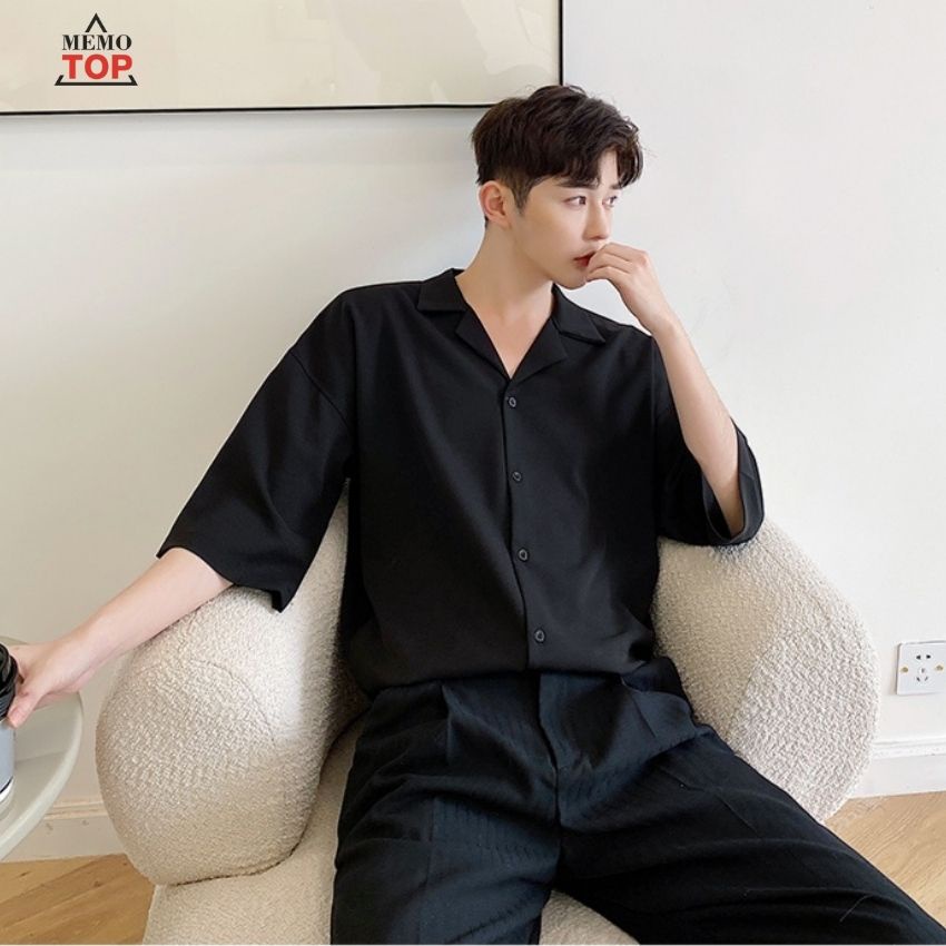 Áo sơ mi ngắn tay Nam Nữ Cổ Vest TRƠN trắng và đen - Kiểu sơ mi tay ngắn form rộng Memotop MM05