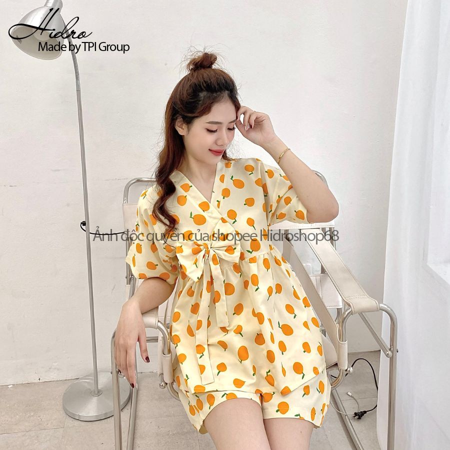 Bộ Pijama Kimono Phối Nơ Dáng Babydoll Đồ Ngủ Nữ Dễ Thương Chất Mềm Mát