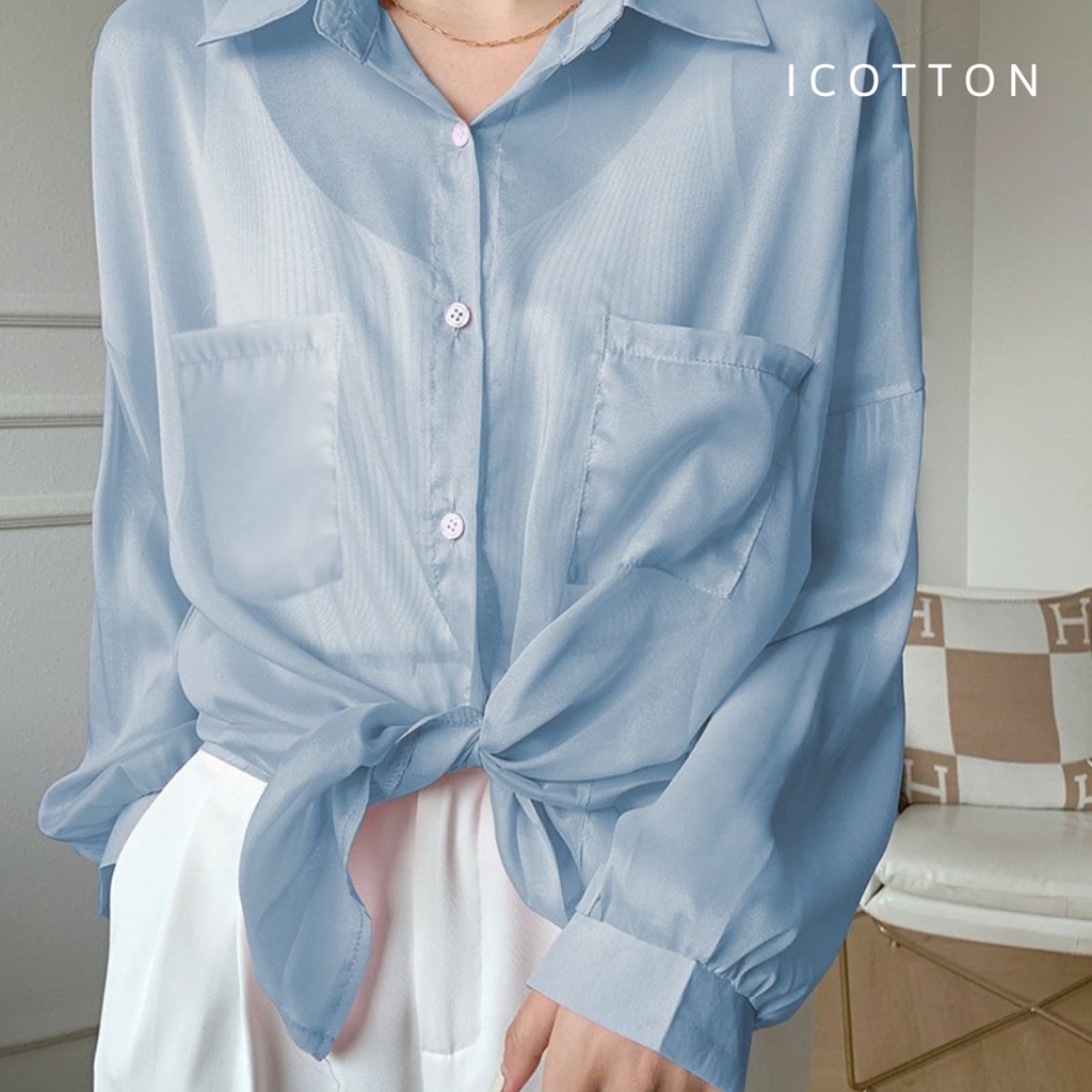 Áo sơ mi phom rộng khoác ngoài ❤️ICOTTON❤️ áo sơ mi nữ mỏng voan chiffon xuyên thấu dài tay, áo đi biển, đi chơi