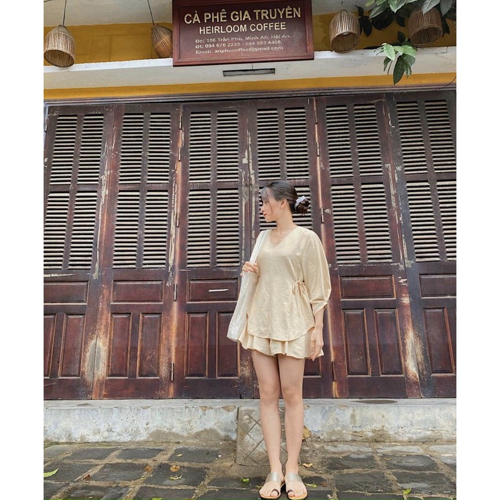 Set áo nude cổ v tay phồng thắt eo + short 💖 KÈM ẢNH THẬT 💖 BAO KIỂM ❌
