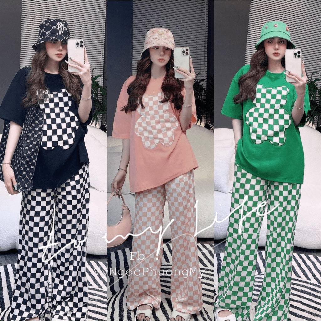 SÉT BỘ NỮ QUẦN DÀI ỐNG RỘNG CARO CHÚ GẤU NHIỀU MÀU SIU HOT MMF