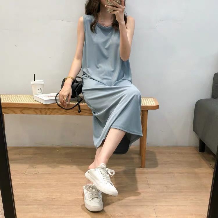 Đầm Ngủ Sát Nách Cổ Tròn Dáng Rộng Vải Lụa Mát Thời Trang Mùa Hè Cho Bạn Gái