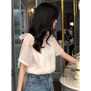 (order) Áo sơ mi voan mỏng có lót thắt nơ vai, kéo sang để xem arnh thật