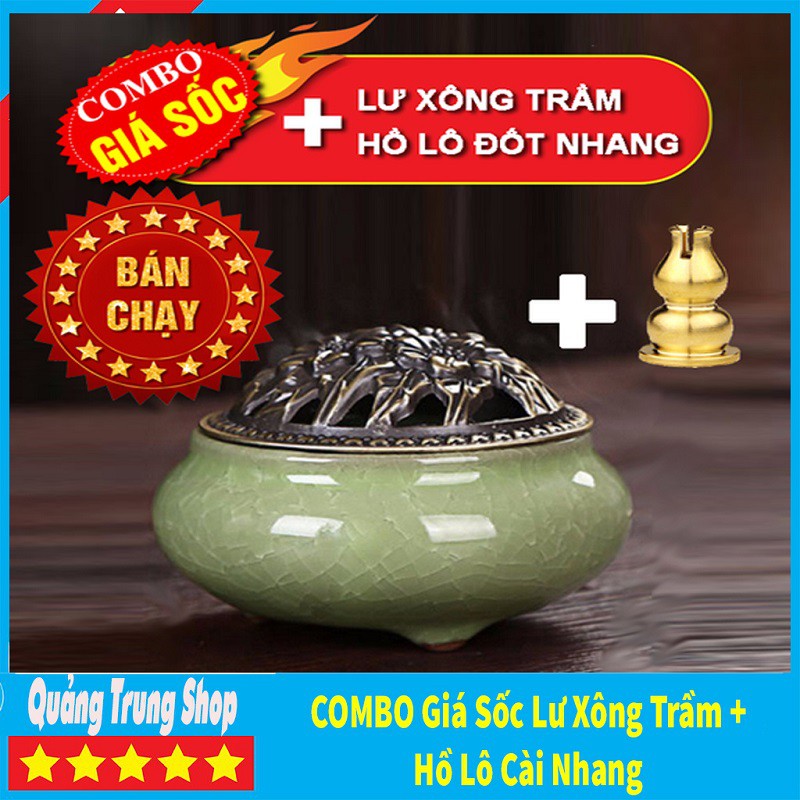 [COMBO] Lư Xông Trầm Hương, Đế Trụ Đồng Cài Nhang Vòng