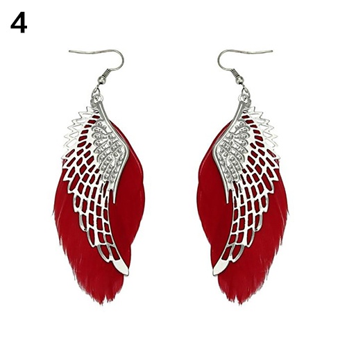 Khuyên tai làm thủ công bằng lông vũ phối mặt hình đôi cánh kim loại