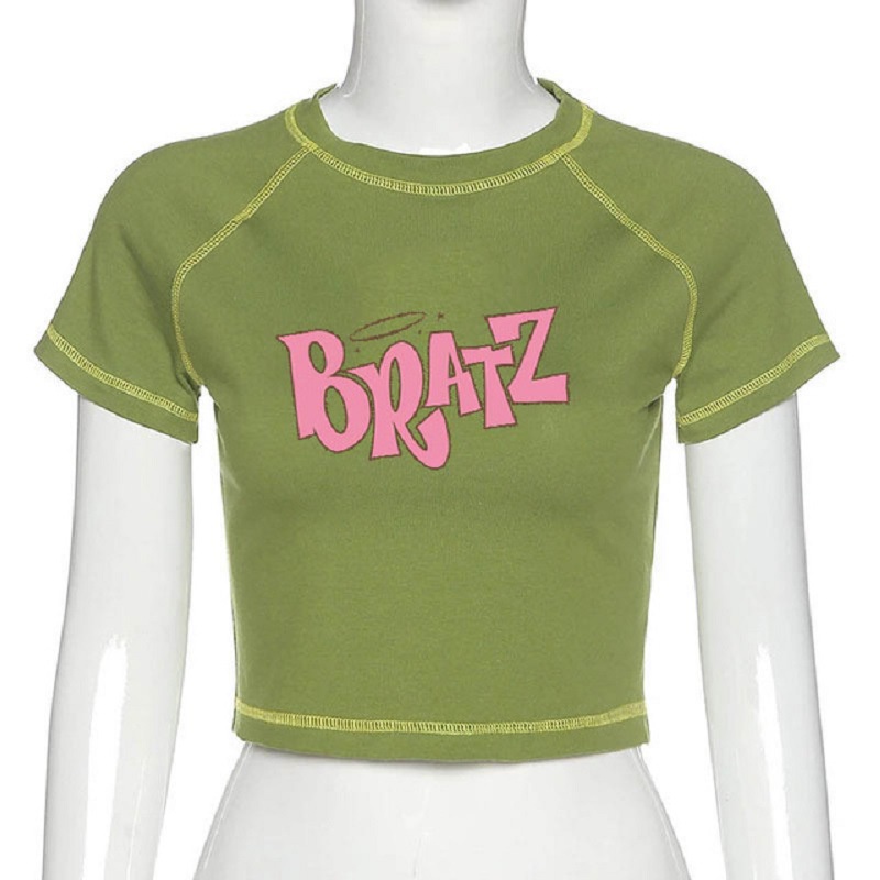 Y2k Vintage Áo Thun Phố goth Bông Tai Kẹp Đen Nữ Tay Áo BRATZ In roupas femininas