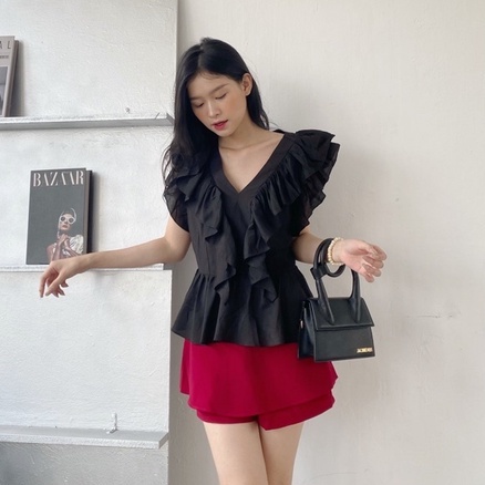 YU CHERRY | Áo nữ cổ V tầng nhiều lớp sát nách, Layered Ruffle Blouse YA413