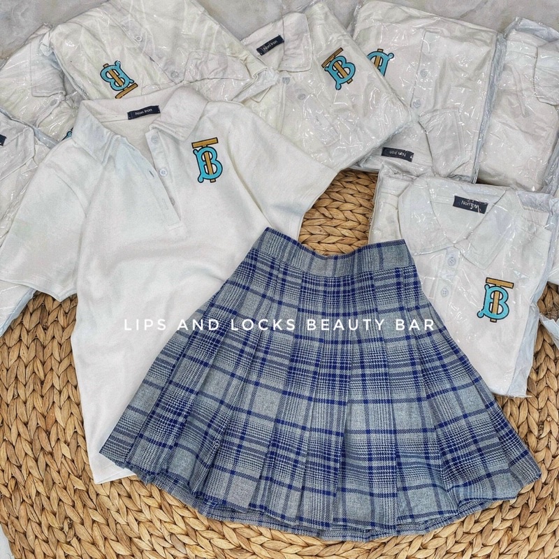 Set Áo Cổ Polo Kèm Chân Váy Caro Dập Li - Kèm Hình Thật