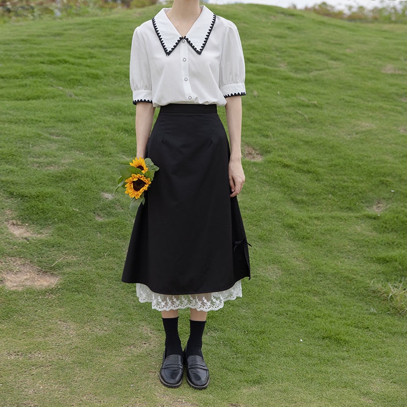 Chân váy đen lưng cao xẻ tà phong cách mùa hè thanh lịch cho nữ