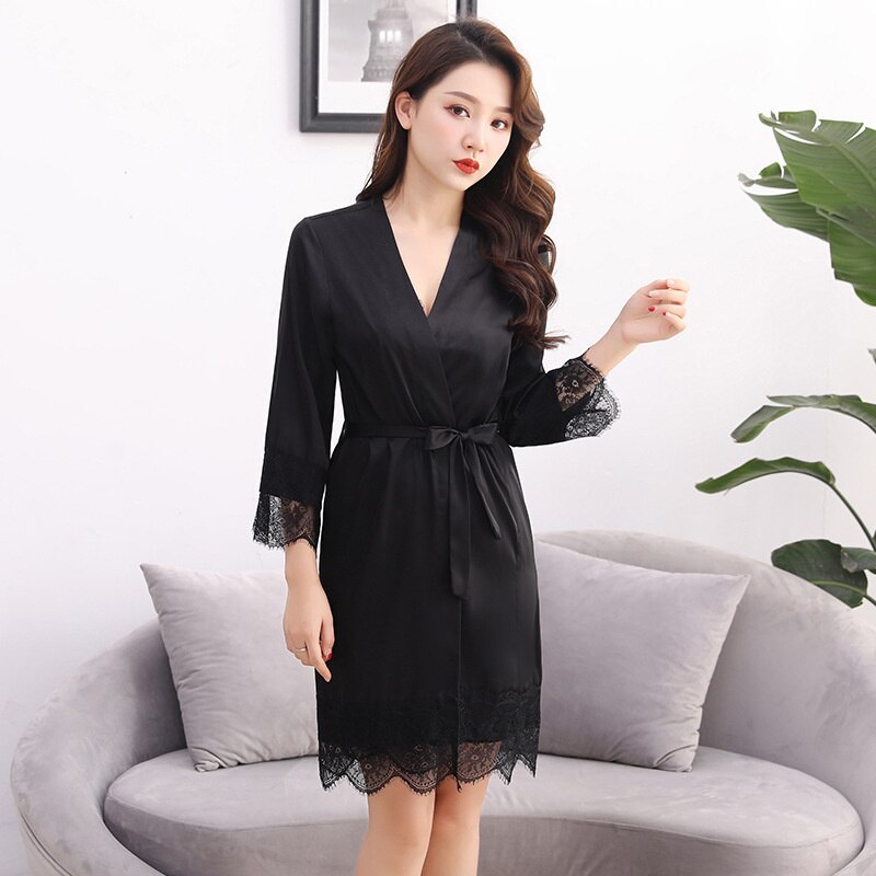 Bộ Đồ Ngủ 2 Món Vải Lụa Lạnh Cổ Chữ V Phối Ren Gợi Cảm Cho Nữ