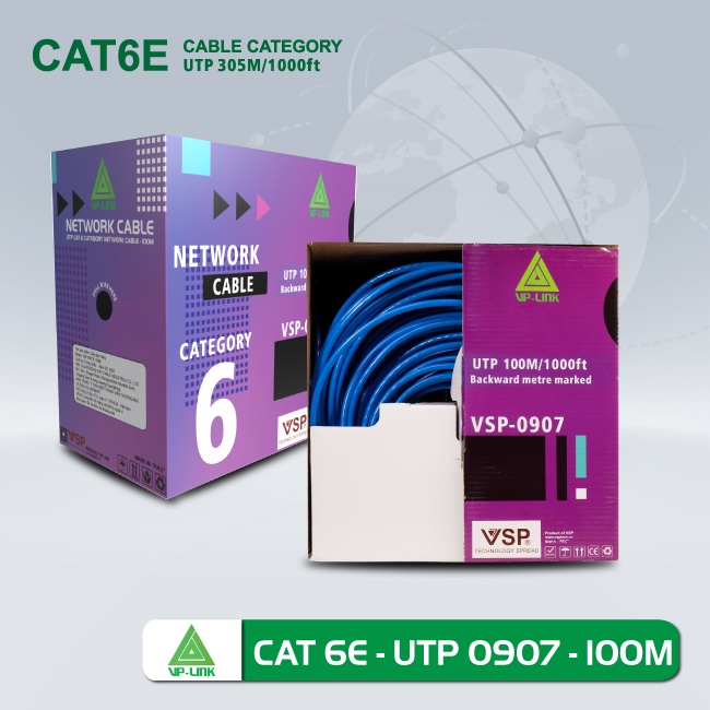 Thùng cáp mạng VP-Link Cat 6E UTP VSP-0907  Lõi Chữ Thập, Dây Cáp Xanh - Hàng Chính Hãng - Bảo hành 1 tháng