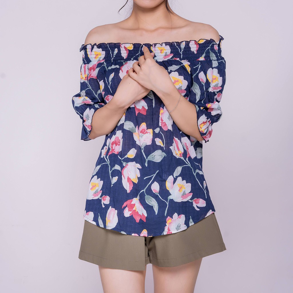 Áo kiểu sơ mi nữ họa tiết chun vai TKFASHION SMKA57