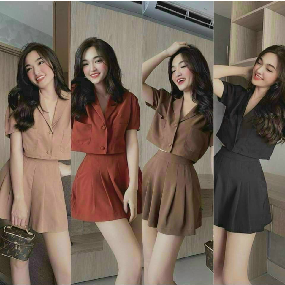 Sét Váy Nữ Thời Trang Mặc Đi Chơi, Sét Váy Tuyết Mưa Nữ Xếp Ly Áo Tay Ngắn Cổ V Nút 4 Màu Phong Cách Hàn Quốc